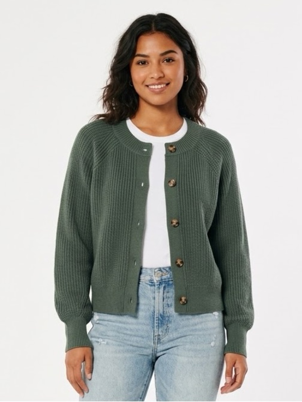 Banana Republic Chunky Knit Cardigan Sweater Women's Large Green Sage - Picture 1 of 8